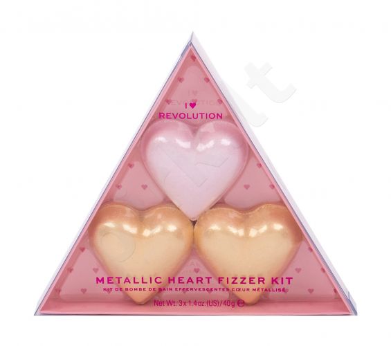Makeup Revolution London Metallic Heart Fizzer, I Heart Revolution, rinkinys vonios putos moterims, (Heart Fizzer 1 x 40 g + Heart Fizzer 2 x 40 g Shea Butter), (Rose)
