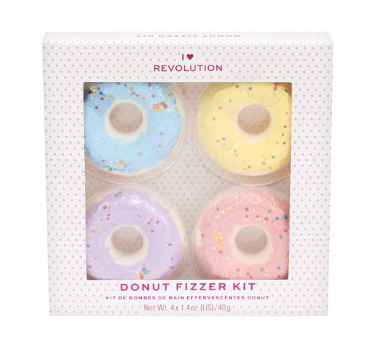 Makeup Revolution London Donut Fizzer, I Heart Revolution, rinkinys vonios putos moterims, (Donut Bath Fizzer 40 g + Donut Bath Fizzer 40 g Lavender + Donut Bath Fizzer 40 g Banana + Donut Bath Fizzer 40 g Strawberry), (Blueberry)