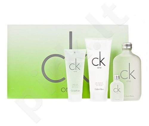 Calvin Klein CK One, rinkinys tualetinis vanduo moterims ir vyrams, (EDT 200ml + 100ml kūno losjonas + 100ml dušo želė + 15ml EDT)